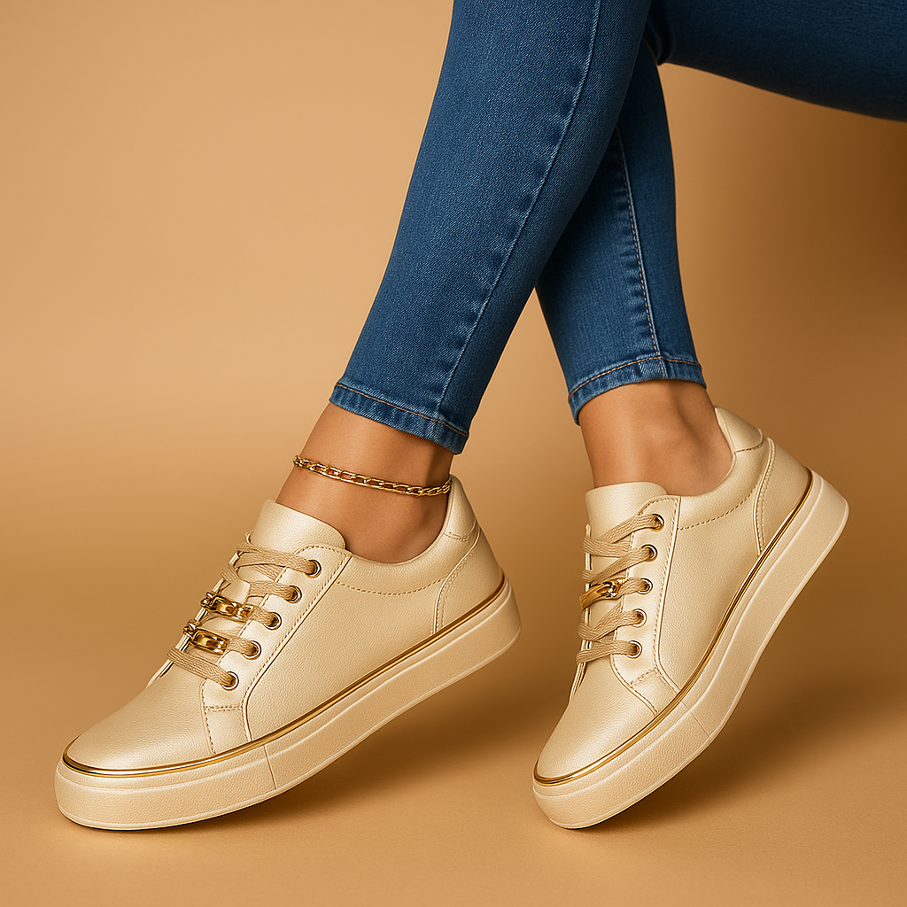Renée™ | Białe Sneakersy z Złotym Akcentem
